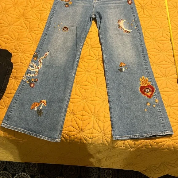DRIFTWOOD Blue Flare Wide Leg Jeans with Artistic Embroidery - Picture 2 of 9